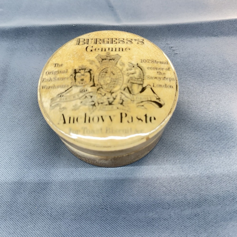 Antique English Ironstone Burgess's Anchovy Paste Lidded Advertising Pot, c.1890